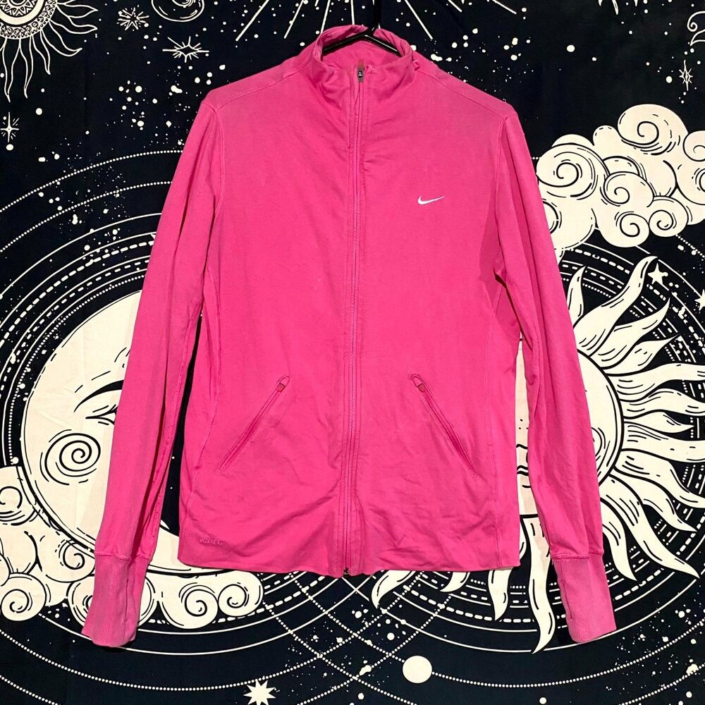 Nike Dri-Fit Jacket Women's L Pink Activewear Full-Zip Thumbholes Jogging Gym